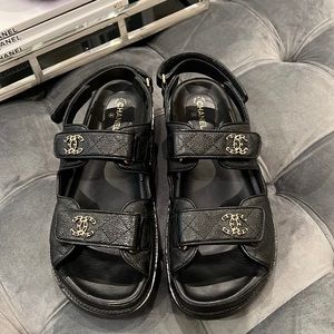 Chanel Black Caviar Gold CC Logo Dad Sandals 39